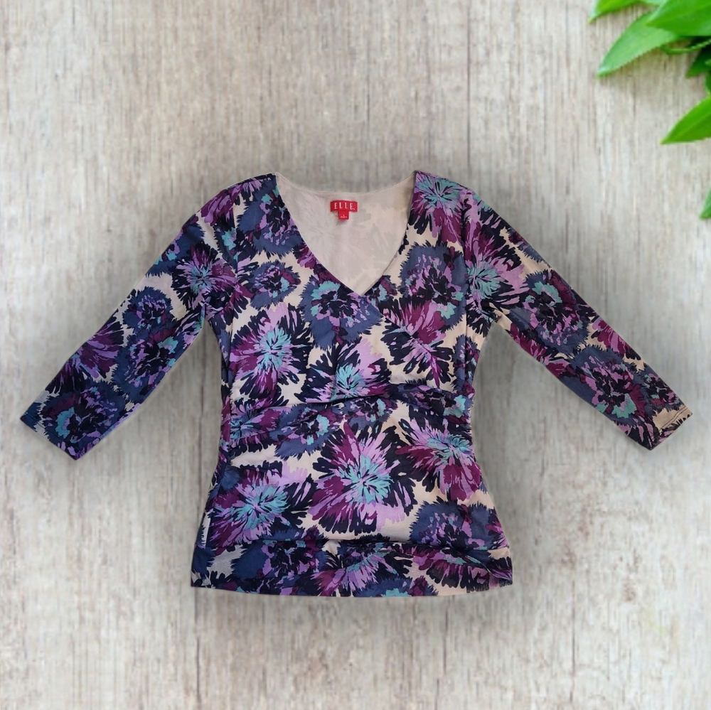 Elle Floral V-Neck Blouse - Purple and Blue